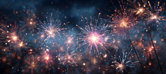 Fototapeta premium Silvester, New Year's Eve, Festival Party New Year 2026, new years eve Fireworks background banner panorama - firework and sparklers on rustic dark blue night sky texture