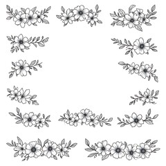 Black and White Floral Frame with Hand Drawn Flowers and Leaves for Invitations or Decorative Design