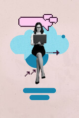 Pop surreal collage of person stand use netbook on grey background with pixel image message