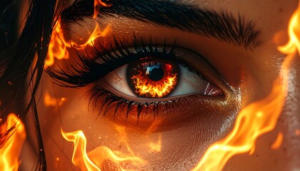 Close-up of an eye engulfed in flames, showcasing intense orange and yellow hues, with detailed iris textures