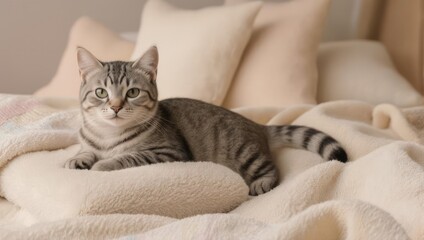 Adorable grey tabby cat relaxing comfortably on a soft bed at home.
