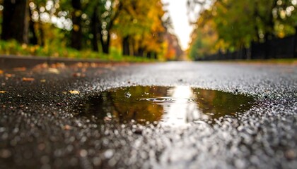 Naklejka premium Low-angle shot of wet asphalt, focusing on a small puddle reflecting the blurred canopy of autumnal trees. Leaves are scattered