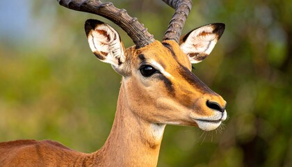 Close-up of an impala, showcasing its brown coat, striking eye, and curved horns. The blurry background adds depth