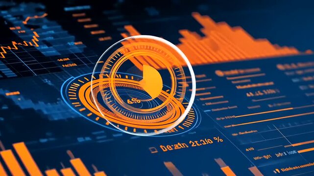 Dynamic digital interface in blue and orange that displays abstract data graphics and analysis. - Powered by Adobe