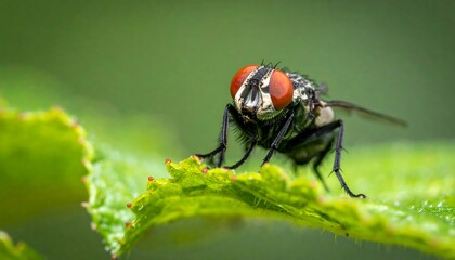 Close-up of an insect with red eyes perched on a vibrant green leaf, blurred background enhancing focus