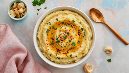 Roasted cheesy garlic mashed potatoes with pastel backdrop