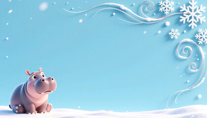A pygmy hippo sitting on one side of a frame over a blue and snow graphic with space in the middle, suitable for writing letters