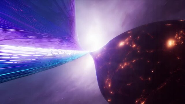  Cosmic energy bridge between two celestial bodies, bright white beam threading through purple nebula into a dark molten planet, visualizing wormhole physics, interstellar data transfer and sci‑fi art