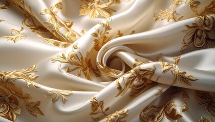 Luxurious close-up of ivory silk fabric with swirling folds and gold floral embroidery, providing a rich texture