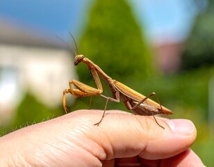 Close-up of an insect, posed on a human hand. The insect is brown and slender with large, forward-facing eyes, long antennae, and a neutral background