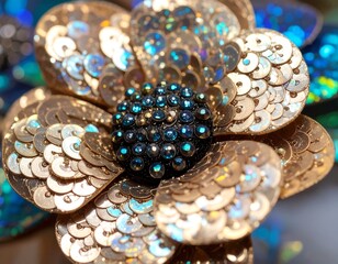 Close-up of an intricate, embellished flower. Gold sequins form the petals, and iridescent jewels adorn the center