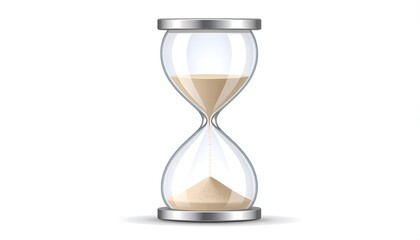 Isolated studio shot of a classic hourglass, containing beige granules, within a clear glass structure. Silver metal rims complete the timekeeping device