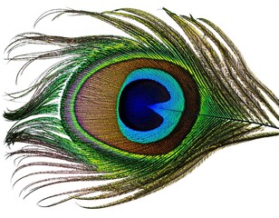 Close-up of an iridescent peacock feather, showcasing intricate patterns and vibrant colors against a pure white background