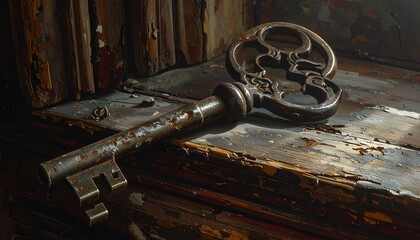 Close-up of an old, ornate key lying on a weathered, peeling wood surface, evoking a sense of history and mystery