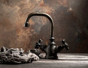 Close-up of an old, ornate brass faucet against a textured, rust-colored background. A crumpled cloth lies below