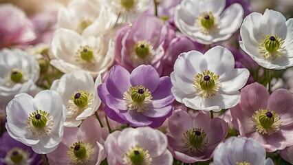 Delicate anemone flowers with soft, silky petals in shades of white, pink, and purple, gently swaying in the breeze under natural light