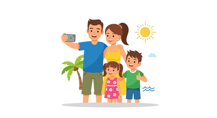 Happy cartoon family taking a selfie on a tropical beach vacation. Vector illustration of parents and kids on a summer holiday