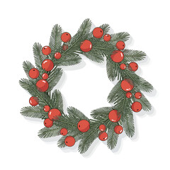 Christmas wreath with red berries and green pine branches.