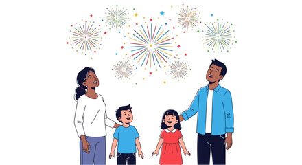 Family celebrating with fireworks display looking up at colorful explosions in the night sky, a festive moment