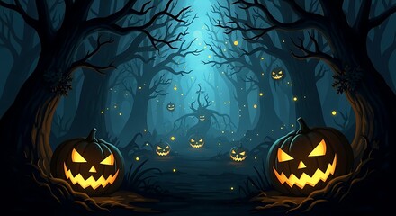 Enchanting halloween scene glowing pumpkins in a mysterious forest