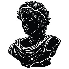 Apollo Bust Silhouette Graphic, Greco-Roman Sculpture Illustration, Classical Art Print on White Background