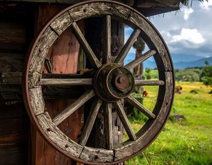 Close-up of an old, weathered wooden wagon wheel attached to a rustic wooden structure, overlooking a vibrant meadow