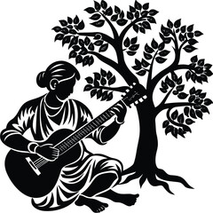 Woman Playing Guitar Silhouette Under Tree Black and White Design on White Background