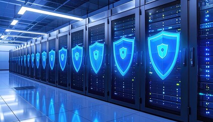 Futuristic server room with glowing digital shields symbolizing cybersecurity and data protection technology.