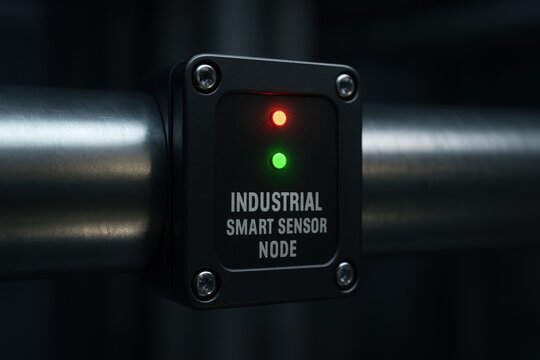 Industrial smart sensor node mounted on metallic pipe, featuring red and green indicator lights, showcasing advanced technology in modern setting
