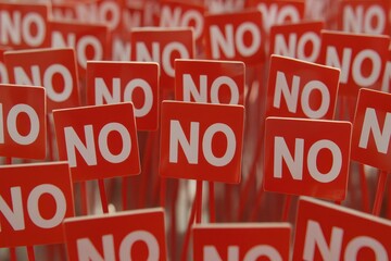 Crowded red no signs on sticks create striking visual statement, emphasizing rejection and disapproval in bold manner