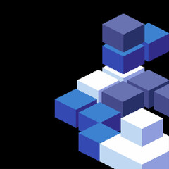 Isometric Logic Block in White, Blue and Purple on Black Background, Pixel Art Style