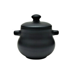 A black ceramic sugar bowl with a matching lid on transparent background