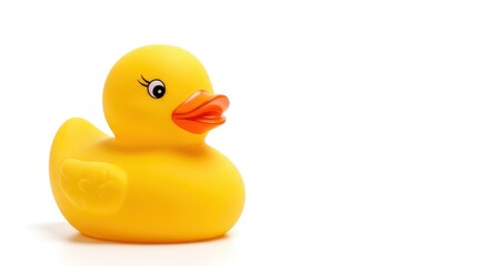 Cute and classic yellow rubber bath toy duck smiling peacefully while perfectly still and isolated on a clean, bright white studio background ,minimal ,relaxation ,calm