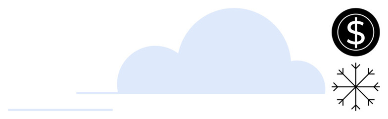 Cloud in soft tones with black dollar sign and snowflake. Ideal for cloud services, finance, technology, weather, economy, data storage, minimal design. A simple flat metaphor