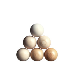 Six wooden balls arranged in a triangular pattern on transparent background