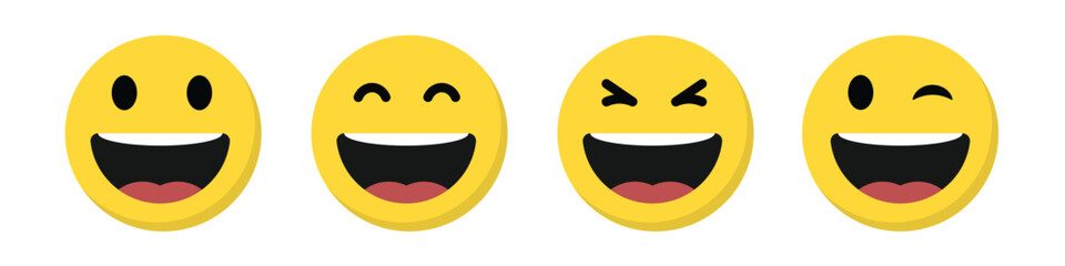 Laugh, happy face emoji icon set in flat design. Laughing facial emoticon concept