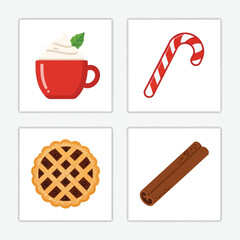 A collection of four festive holiday treats including a mug of whipped cream topped hot chocolate, a red and white striped candy cane, a lattice-topped pie, and a cinnamon stick.