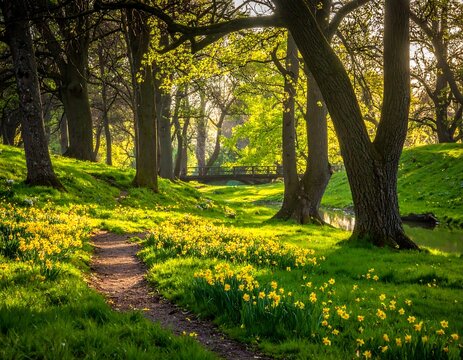 Lush green hillside with bright yellow flowers and a path leading toward a wooden bridge. Sunlight filters through trees
