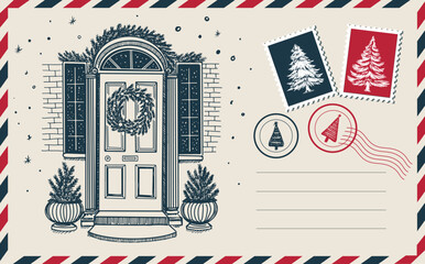 Christmas postcard with decoration door.
