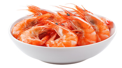 A white bowl filled with cooked pink shrimp isolated on transparent background