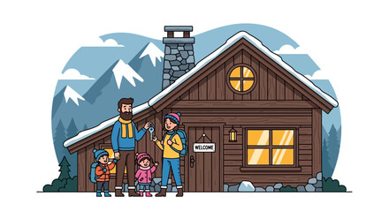 Obraz premium Family buying a cozy cabin in the mountains New home ownership