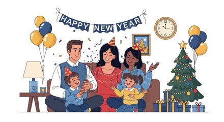 A cheerful and diverse family with two children celebrating the New Year together at home on a cozy sofa