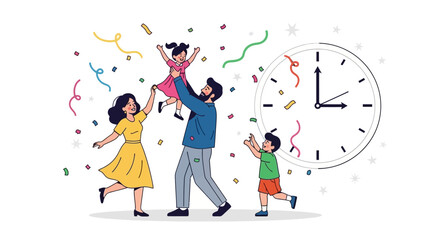 Cheerful family celebration with falling confetti, happy parents and children embracing joy. New year or special occasion vector illustration