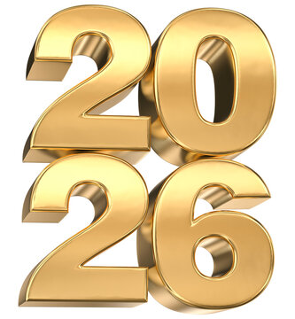 Shiny golden 3D numbers representing the year 2026, isolated for elegant New Year greeting cards and banners.