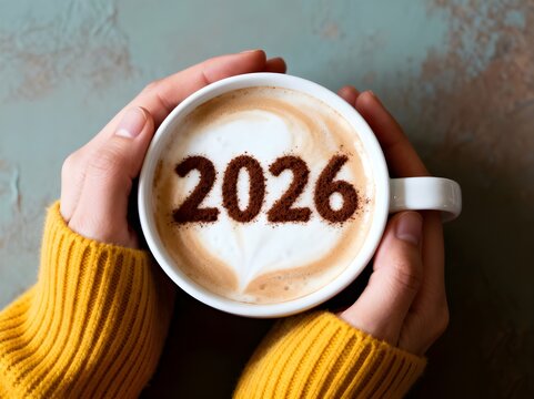 Happy New Year 2026 theme number 2026 on frothy surface of cappuccino served in white coffee mug holding by woman in yellow knitted sweater over rustic blue background. Holidays food art.