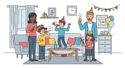 New Year's Celebration Family enjoying a festive gathering with champagne, party hats, and decorations