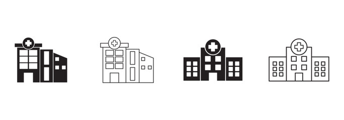 Medical Clinic Pictogram. Hospital Line and Silhouette Black Icon Set. Ambulance Center Sign, Emergency Service Office. Healthcare Building Symbol Collection. Isolated Vector Illustration.