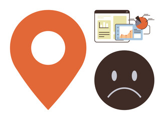 Orange location marker, financial charts on a browser window, and sad face icon convey poor performance or unmet expectations. Ideal for business analytics, dissatisfaction, error tracking