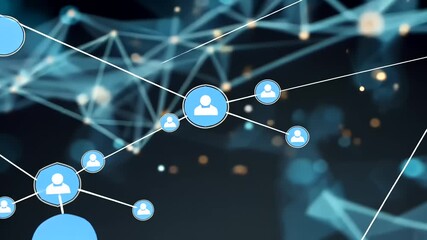 Digital network with connected user icons in a blue and black abstract space - Powered by Adobe