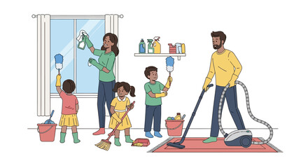 Happy Family Teamwork Cleaning Together,  Maintaining a Sparkling and Healthy Home Environment